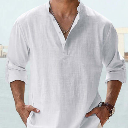 Mens Casual Long Sleeve Cotton Linen Stand Collar Shirt apricot men casual top