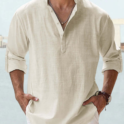 Mens Casual Long Sleeve Cotton Linen Stand Collar Shirt breathable cotton linen fabric