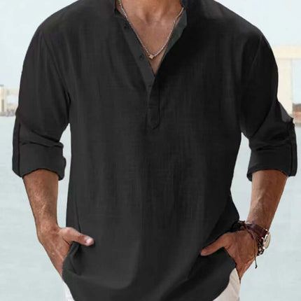 Mens Casual Long Sleeve Cotton Linen Stand Collar Shirt stand collar fashion detail