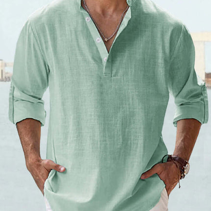Mens Casual Long Sleeve Cotton Linen Stand Collar Shirt long sleeve casual menswear