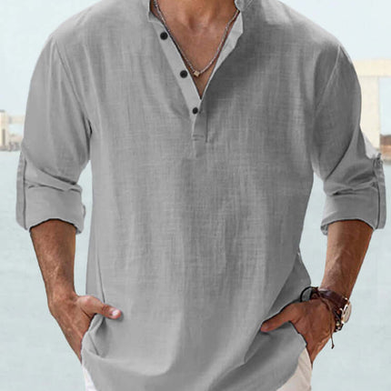 Mens Casual Long Sleeve Cotton Linen Stand Collar Shirt inclusive sizes S to 5XL