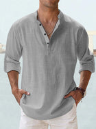 Mens Casual Long Sleeve Cotton Linen Stand Collar Shirt inclusive sizes S to 5XL