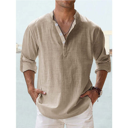 Mens Casual Long Sleeve Cotton Linen Stand Collar Shirt black elegant cotton shirt