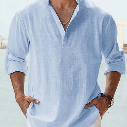 Mens Casual Long Sleeve Cotton Linen Stand Collar Shirt spring autumn handsome apparel