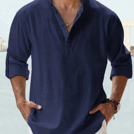 Mens Casual Long Sleeve Cotton Linen Stand Collar Shirt grey breathable linen shirt