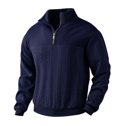 Men's Jacquard Quarter Zip Winter Warm Hoodie deep rich navy blue tone displaying a masculine athletic sportswear framing