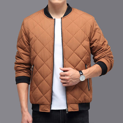 Mens Rhombic Quilted Baseball Jacket thickened polyester filling.