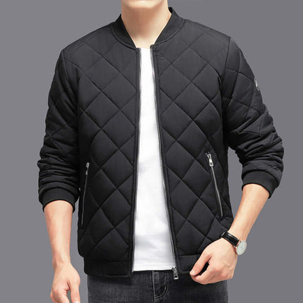 Mens Rhombic Quilted Baseball Jacket diamond sewing pattern detail.