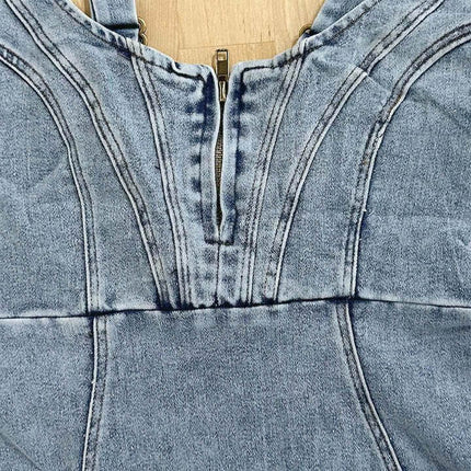 New U-neck Suspender Denim Dress Summer Casual Slim Fit showing zipper detail and denim texture.