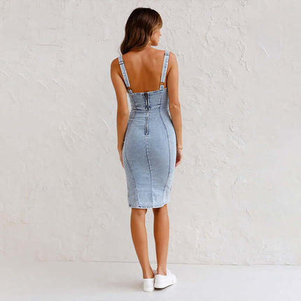 Back view of a woman wearing a New U-neck Suspender Denim Dress Summer Casual Slim Fit, highlighting its slim fit design.