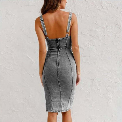 Back view of a woman wearing a New U-neck Suspender Denim Dress Summer Casual Slim Fit in gray.