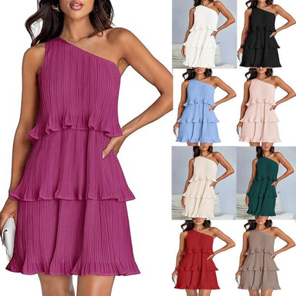 One Off-Shoulder Layered Stitching Hem Dress in various colors, showcasing pleated design and tiered layers.