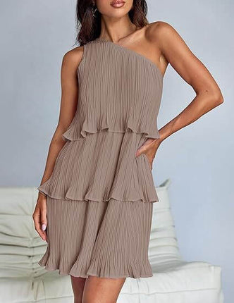 One Off-Shoulder Layered Stitching Hem Dress in beige with pleated layers and asymmetrical hem.