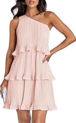 One Off-Shoulder Layered Stitching Hem Dress in soft pink with pleated layers and stylish ruffled hem.