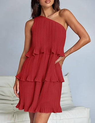 One Off-Shoulder Layered Stitching Hem Dress in red with pleated design and layered ruffles, stylish summer outfit.