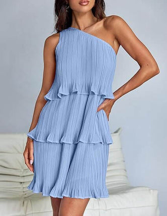 One Off-Shoulder Layered Stitching Hem Dress in light blue with pleated fabric and layered ruffles.