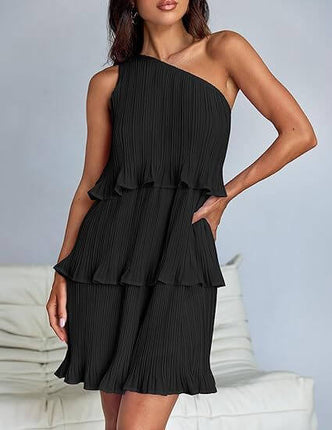 One Off-Shoulder Layered Stitching Hem Dress in stylish black pleated fabric, featuring a layered design and one shoulder style.