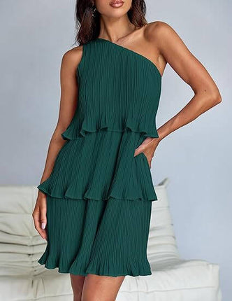 One Off-Shoulder Layered Stitching Hem Dress in green with pleated layers and ruffled hem design.