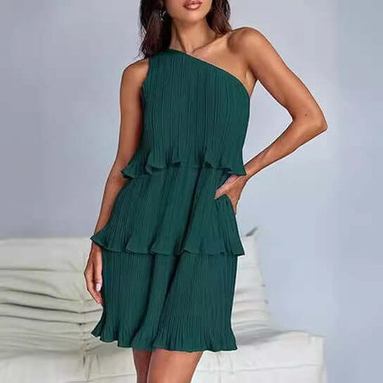 One Off-Shoulder Layered Stitching Hem Dress in dark green, showcasing a stylish layered design and pleated fabric.