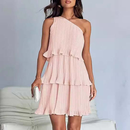 One Off-Shoulder Layered Stitching Hem Dress in light pink with layered ruffle design, perfect for stylish occasions.