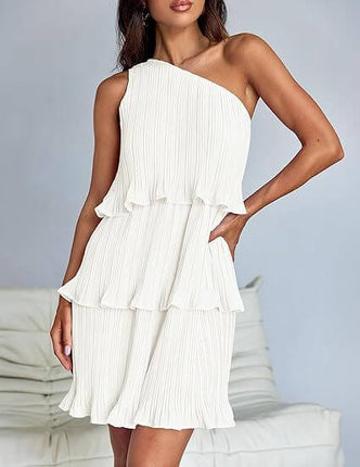 Model wearing a One Off-Shoulder Layered Stitching Hem Dress with pleated texture and layered ruffles.