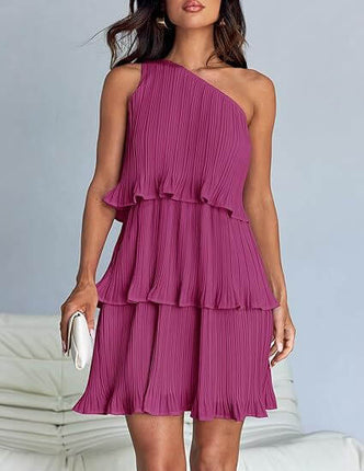 One Off-Shoulder Layered Stitching Hem Dress in vibrant purple with ruffled layers, perfect for elegant occasions.