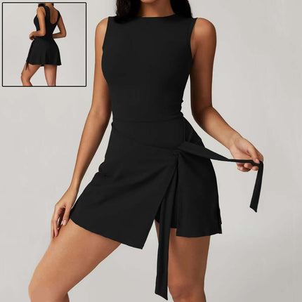 Sleeveless Sports Romper Yoga Jumpsuits in stylish black design showcasing a fitted top and flared skirt with tie detail.