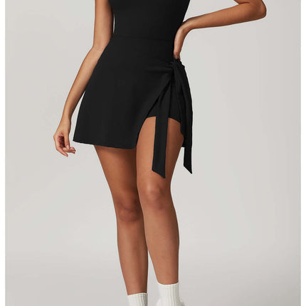 Sleeveless Sports Romper Yoga Jumpsuits, black romper with a side tie, elegant and sporty outfit for yoga and casual wear.