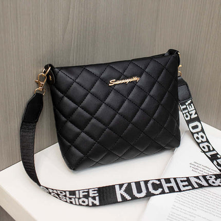 Small Messenger Bag Lingge Embroidery Shoulder Purse in stylish black quilted design with decorative strap.