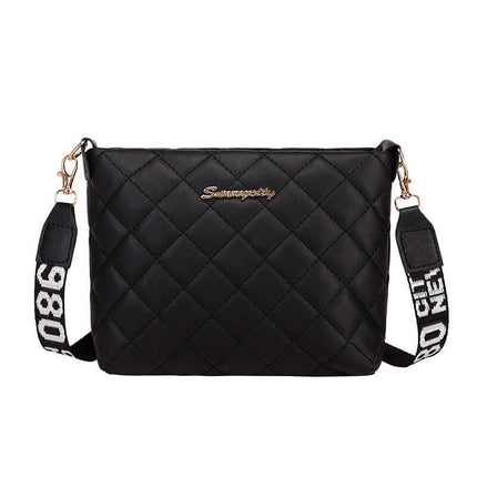 Small Messenger Bag Lingge Embroidery Shoulder Purse in black quilted design with adjustable strap.