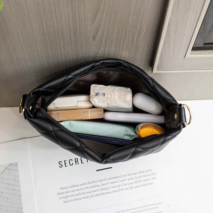 Small Messenger Bag Lingge Embroidery Shoulder Purse opened with contents inside, showcasing its stylish design and practicality.