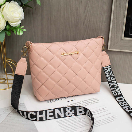 Small Messenger Bag Lingge Embroidery Shoulder Purse in pink with quilted design and stylish strap.