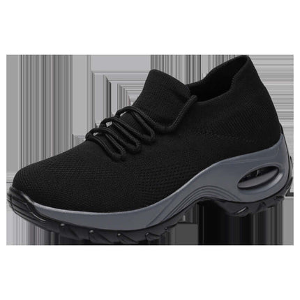 Sports Women Flying Knit Socks Shaking Shoes in black with cushioned sole for comfort and style.