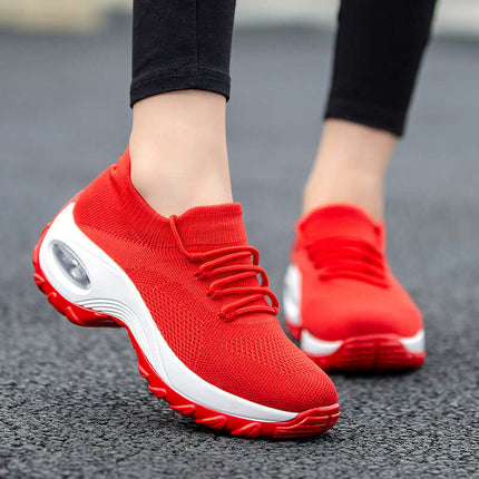 Sports Women Flying Knit Socks Shaking Shoes in vibrant red color, showcasing a modern and comfortable design for active lifestyle.