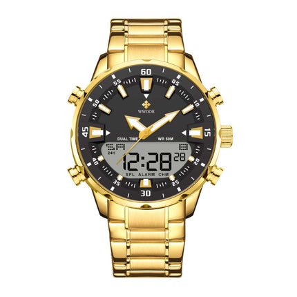 Steel Band Cool And Stylish Mens Watch black dial gold case.