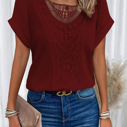 Summer Hollow Out Short Sleeved T Shirt Fashion Ethnic Style Lightweight Fabric