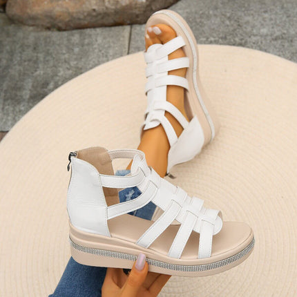 Summer Rhinestone Sandals With Back Zipper displayed in white with stylish straps and comfortable sole.
