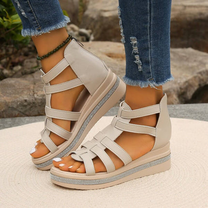 Summer Rhinestone Sandals With Back Zipper featuring stylish design and comfortable wedge heel.