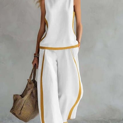 Summer Suits Sleeveless Vest And Wide Leg Pants Set worn by a model against a minimalist background with stylish accessories.
