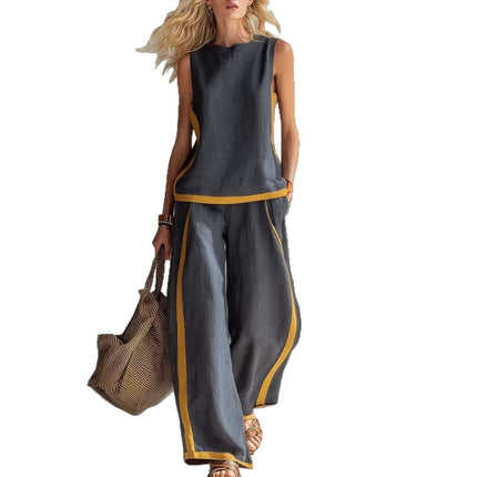 Summer Suits Sleeveless Vest And Wide Leg Pants Set featuring stylish gray fabric and yellow accents, perfect for warm weather.