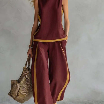 Summer Suits Sleeveless Vest And Wide Leg Pants Set in burgundy with yellow accents, perfect for warm weather styling.