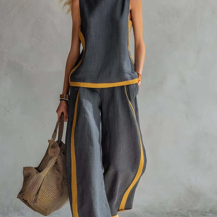 Summer Suits Sleeveless Vest And Wide Leg Pants Set showcased in stylish gray and yellow design.