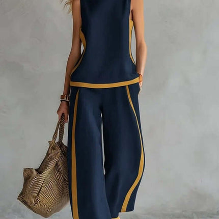 Summer Suits Sleeveless Vest And Wide Leg Pants Set in navy with golden accents, perfect for summer styling.