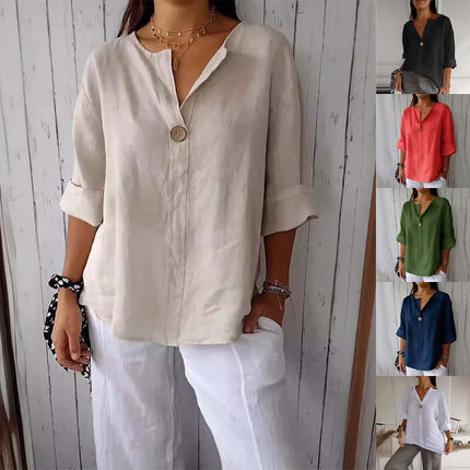 V-neck Long-sleeved Fashion Cotton Linen Button Top displayed in various colors, showcasing stylish and versatile fashion.