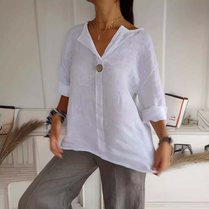 V-neck Long-sleeved Fashion Cotton Linen Button Top worn by a model, featuring a white fabric and stylish button detail.