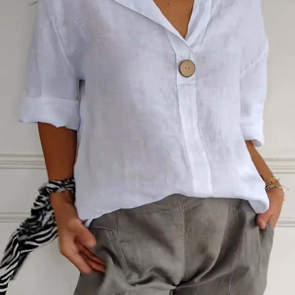 V-neck Long-sleeved Fashion Cotton Linen Button Top worn with stylish pants, showcasing a casual and fashionable look.