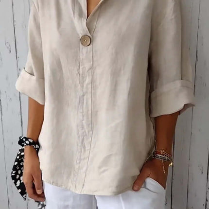 V-neck Long-sleeved Fashion Cotton Linen Button Top worn by a model with white pants and accessories