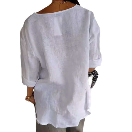 V-neck Long-sleeved Fashion Cotton Linen Button Top shown from the back view, featuring a casual and stylish design.