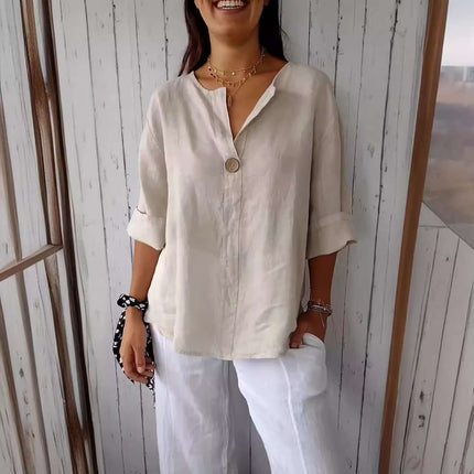 V-neck Long-sleeved Fashion Cotton Linen Button Top displayed on a model, showcasing a light beige color and relaxed style.