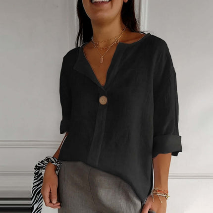 V-neck Long-sleeved Fashion Cotton Linen Button Top worn by a smiling woman with layered necklaces.